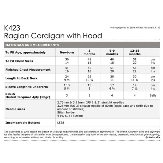Naturally - K423 - Raglan Cardigan with Hood Pattern